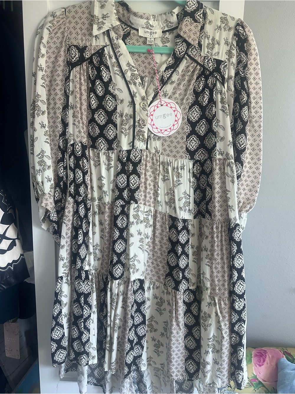 Umgee Cream and Black Patchwork Mini Dress